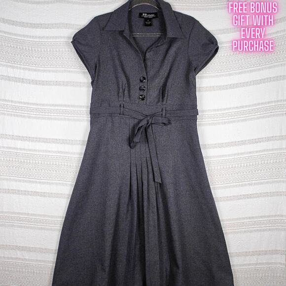 RB Collection New York Gray Button Front Belted Midi Dress Size 12 - Picture 1 of 8